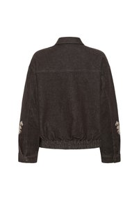 Veste en jean gris foncé à manches longues, taille élastique, poignets boutonnés et légère broderie sur les deux manches, vue de dos.