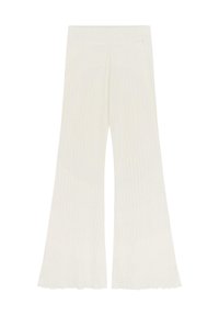 Pantaloni a zampa d'elefante bianchi a coste, con vita aderente e orlo scallop, caratterizzati da righe verticali per una texture e una finitura liscia.
