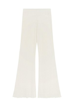 Pantalons en flanelle blancs à taille ajustée et ourlet festonné, présentant des rayures verticales pour la texture et une finition lisse.