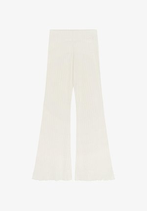 Pantaloni a zampa d'elefante bianchi a coste, con vita aderente e orlo scallop, caratterizzati da righe verticali per una texture e una finitura liscia.