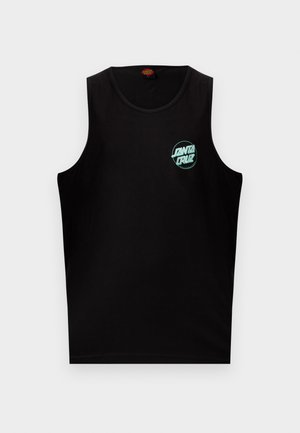 Fekete ujjatlan trikó, bal oldalon a mellrészen egy kis türkizkék "Santa Cruz" logóval, egyszínű szürke háttéren bemutatva.