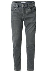 Jeans de mezclilla gris con corte ajustado, cinco bolsillos y detalles de costura visibles. Cierre de botón en la cintura. Textura suave con un leve desgaste.
