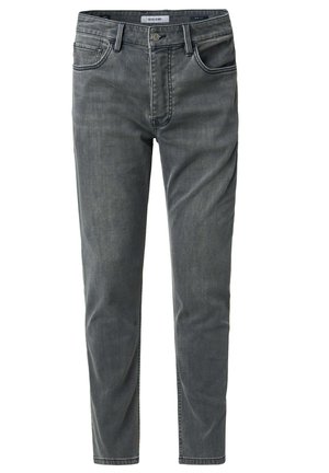 Jeans in denim grigio con una vestibilità slim, cinque tasche e dettagli di cucitura in evidenza. Chiusura con bottone in vita. Tessuto morbido con leggera scoloritura.