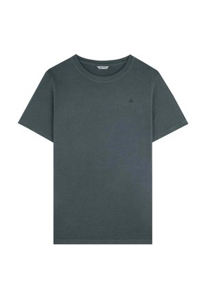 Graues Baumwoll-T-Shirt mit Rundhalsausschnitt, kurzen Ärmeln und einem dezenten Logo auf der Vorderseite. Glatte Textur und gerader Schnitt.