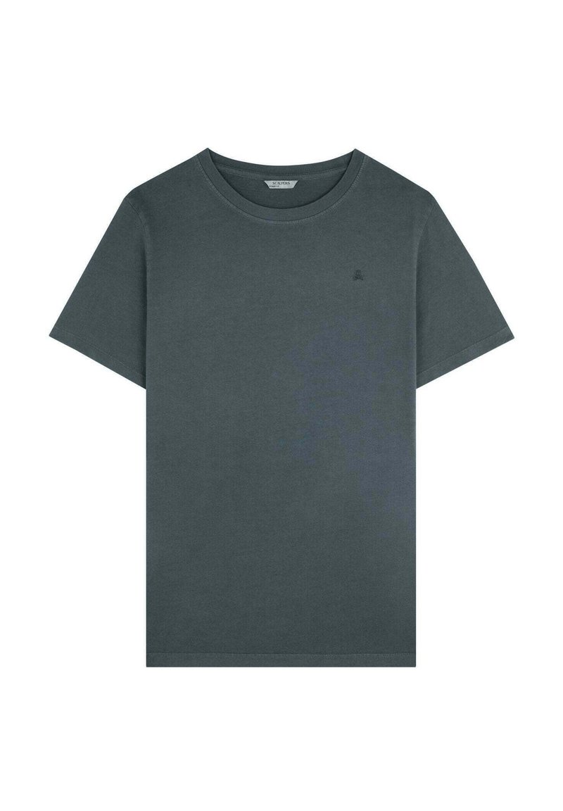 Grijze katoenen t-shirt met een ronde hals, korte mouwen en een subtiel logo aan de voorkant. Zachte textuur en rechte snit.