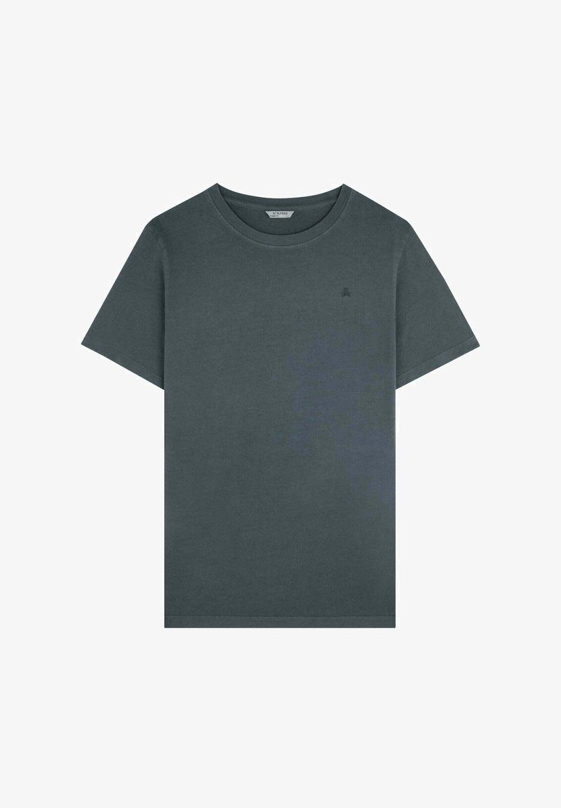 Grijze katoenen t-shirt met een ronde hals, korte mouwen en een subtiel logo aan de voorkant. Zachte textuur en rechte snit.