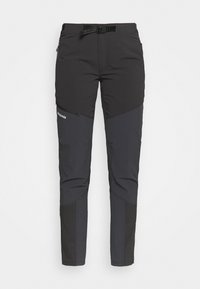 Black outdoor pants featuring a slim fit, made from a flexible fabric with reinforced knee and lower leg sections for durability.