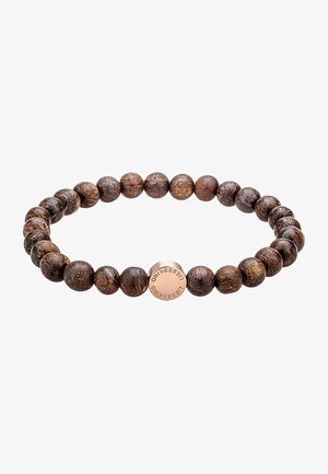 Bracelet en perles de bois avec des perles marron foncé de différentes nuances, design élastique et accent en bronze avec un texte gravé.