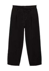 Zwarte cropped broek gemaakt van een gladde stof. Beschikt over twee voorkruimeltassen, een op maat gemaakte pasvorm en opvallende plooien aan de voorkant.