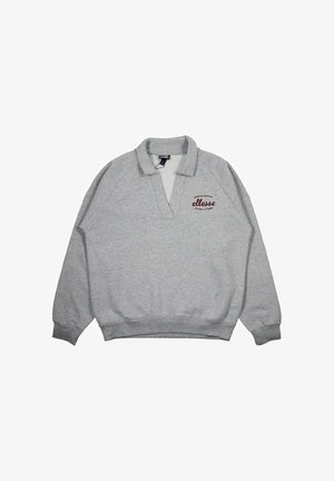 Sweat-shirt gris clair avec un col en V, des manches raglan longues et des poignets côtelés. Présente un petit logo bordeaux sur la poitrine.