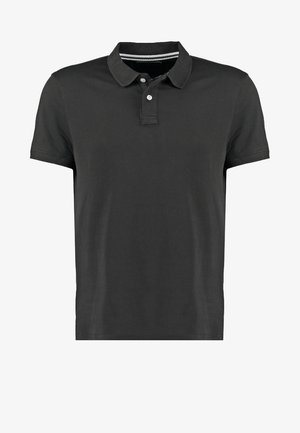Black polo shirt made of cotton, featuring a classic collar, three buttons, and a subtle striped detail at the neck. Short sleeves.