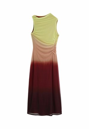 Rochie maxi fără mâneci cu detalii strânse, prezentând o tranziție de culoare în degrade de la galben deschis în partea de sus la burgundy închis în partea de jos.