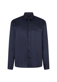 Chemise à manches longues bleu marine en tissu lisse avec un col classique, un devant à boutons et un léger éclat. Présente des poignets arrondis.