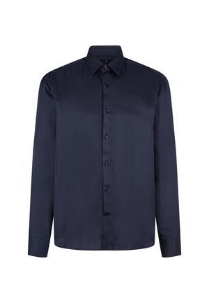 Marineblaues Langarmhemd aus glattem Stoff mit einem klassischen Kragen, Knopfleiste und dezentem Glanz. Mit abgerundeten Manschetten.