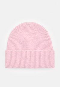 Berretto rosa lavorato a maglia con una texture a coste, caratterizzato da un risvolto nella parte inferiore. Realizzato in materiale morbido e caldo, adatto per il freddo.