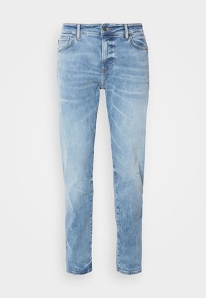Light blue denim jeans with a straight-leg cut, featuring front pockets, a back patch pocket, and a faded, distressed texture.