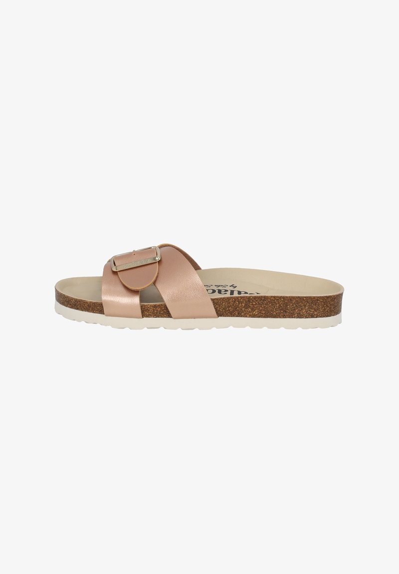 Pink faux leather slide sandal with a buckle, cork footbed, and a white rubber sole. Smooth texture with a contoured shape.