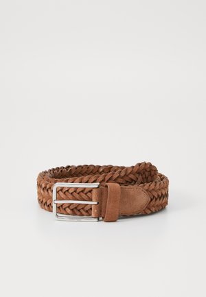 Braided brown leather belt with a silver rectangular buckle, featuring a smooth texture and a loop finish for secure fastening.