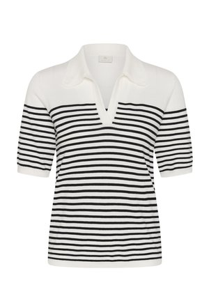 Weißes Poloshirt mit kurzen Ärmeln, schwarzen horizontalen Streifen und einem Kragen, der eine kleine V-förmige Öffnung aufweist.