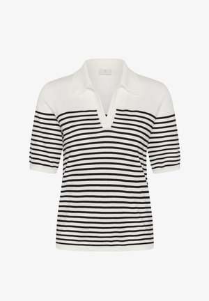 Weißes Poloshirt mit kurzen Ärmeln, schwarzen horizontalen Streifen und einem Kragen, der eine kleine V-förmige Öffnung aufweist.