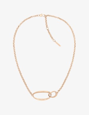 Collier en chaîne dorée avec des maillons ovales entrelacés et une étiquette "Calvin Klein". Design épuré avec une finition polie.