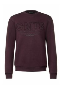 Felpa bordeaux con colletto a girocollo, caratterizzata da audace lettering "GMTS" e testo stampato sotto. Le maniche e l'orlo a costine aggiungono texture.