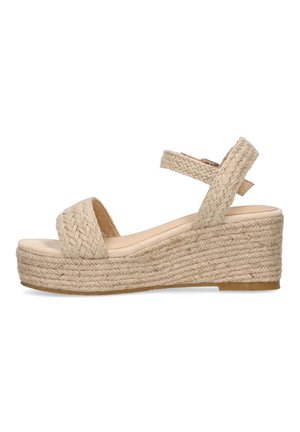 Sandalias de cuña con un diseño de yute trenzado, tirante frontal amplio, correa para el tobillo ajustable y un color beige natural con un acabado texturizado.
