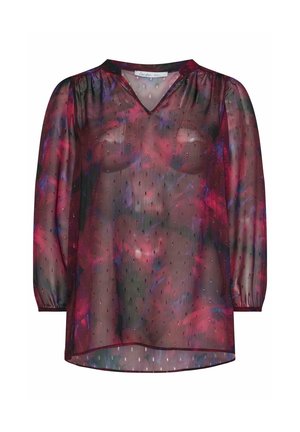 Hienoin, pitkähihainen paita V-kaula-aukolla, jossa on monivärinen kukkakuosi punaisen ja sinisen sävyissä, hienovaraisilla metallisilla yksityiskohdilla.
