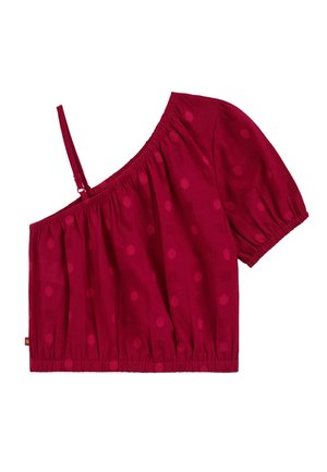 Punane ühe õlaga lühike top, millel on punnitatud lühike varrukas, elastne alumine äär ja peen täpiline muster.