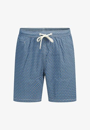 Blauwe heren zwemshort met wit geometrisch patroon en witte trekkoord aan de elastische tailleband op een witte achtergrond.