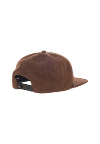 Brun kordfløjlskasket med flad skygge og justerbar plastiksnapback. Har tekstureret stof og en central topknapdetalje.