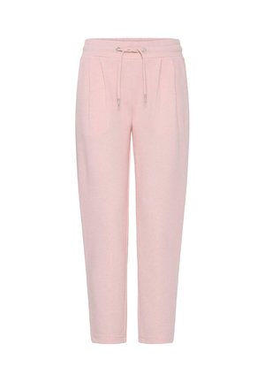 Pantalon de survêtement rose clair fuselé avec taille élastique et cordon, comprenant des plis à l'avant et une coupe décontractée.