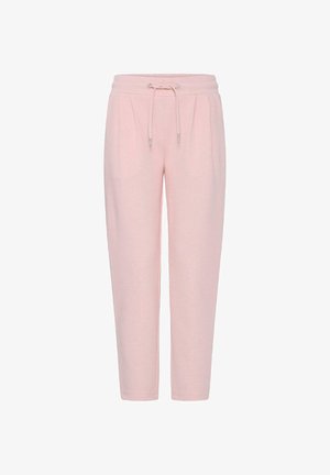 Pantalon de survêtement rose clair fuselé avec taille élastique et cordon, comprenant des plis à l'avant et une coupe décontractée.