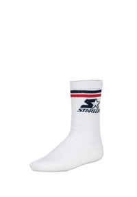 White cotton sock with a ribbed cuff, featuring blue and red stripes and a blue "STARTER" logo on the side.