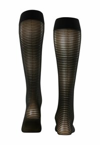 Zwarte kniehoge panty’s met sheer materiaal en horizontale strepen. Soepele textuur met een effen zwarte band bovenaan.