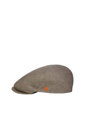 Brown textured flat cap with a small round orange logo tag on the side, set against a white background.