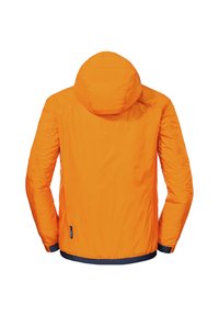 Orange isolierte Jacke mit Kapuze, die eine leichte Textur, elastische Bündchen und einen marinefarbenen Saum aufweist. Glatte, glänzende Oberfläche.