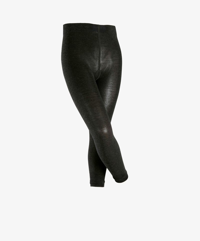 Leggings de punto negro con una cinturilla elástica, que presentan una textura suave y un ajuste ceñido. Sin patrones ni herrajes visibles.
