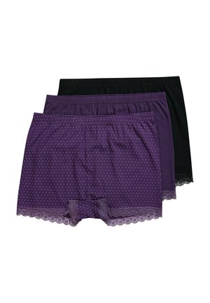 Drie paar dames boxershorts: twee paar paars met witte stippen en kantafwerking, één effen zwart. Zacht materiaal, elastische tailleband.