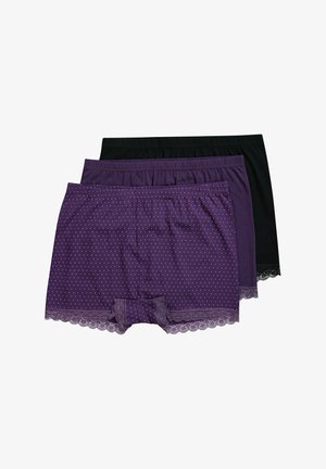 Three pairs of women's boxer shorts: two purple with white polka dots and lace trim, one solid black. Soft fabric, elastic waistband.