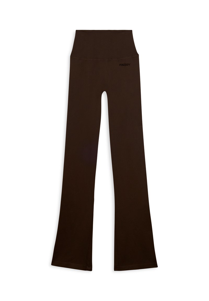 Leggings marroni a zampa d'elefante con vita alta, realizzati in materiale elasticizzato. Presentano un logo del brand in nero sulla cintura.