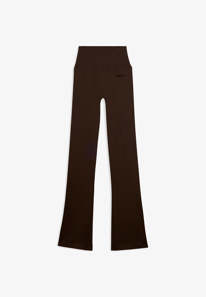 Leggings marroni a zampa d'elefante con vita alta, realizzati in materiale elasticizzato. Presentano un logo del brand in nero sulla cintura.