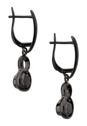 Cercei negri din metal cu cerc articulaț și pandantiv oval agățat, prezentând o piatră prețioasă în formă de fațete închisă la culoare.