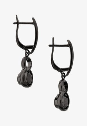 Fekete fém csüngős fülbevalók billenő karikával és ovális alakú, sötét csiszolt drágakövet ábrázoló medállal.