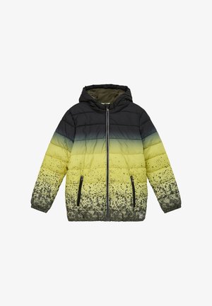 Giacca imbottita con cappuccio e zip frontale, sfumatura dal nero al giallo-verde, con motivo a macchie nere nella metà inferiore e sulle maniche.