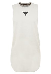 Top atlético sin mangas en beige claro, con cuello redondo, textura suave y logo de un toro negro en el pecho. Ajuste suave y casual.