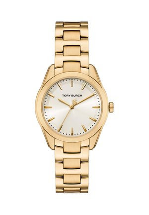 Gold-tone Tory Burch wristwatch with linked bracelet, white dial, gold hour markers, and three hands showing 10:10:36.