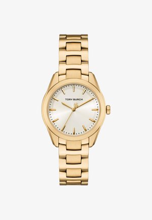 Gold-tone Tory Burch wristwatch with linked bracelet, white dial, gold hour markers, and three hands showing 10:10:36.