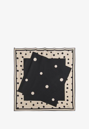 Square scarf featuring a black and beige design with large and small polka dots. Textured fabric with a bordered edge.