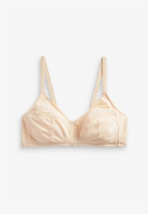 Bežinis belaidis liemenukas su tekstūruotomis puodeliais, reguliuojamomis petnešėlėmis ir dekoratyvine kaspinu centre. Lygus satino tipo paviršius.